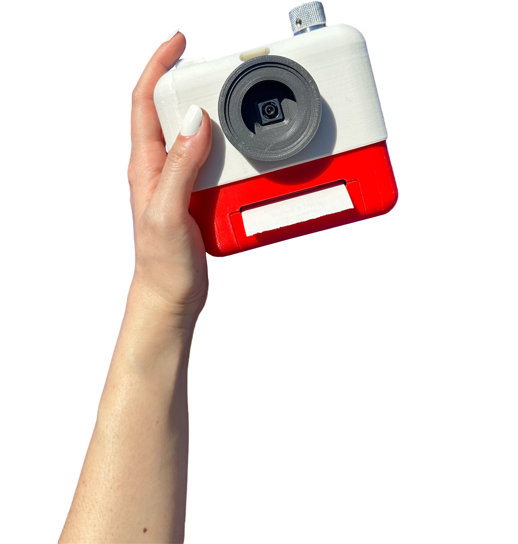 photo of poetry camera, a white-and-red device that can be held with one hand